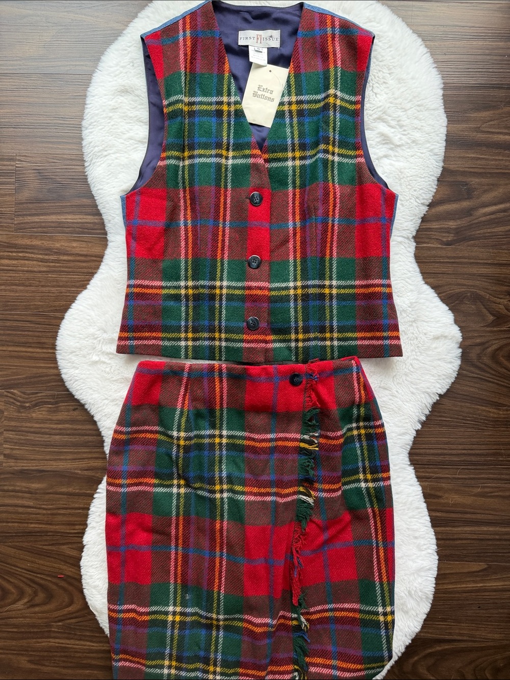 NWT Vintage First Issue Plaid Vest/Skirt Set Red Green Navy Wool Blend size 4